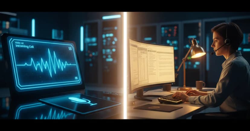 A split-frame operations center scene: on the left, a sleek voice AI interface panel with a glowing waveform display handling an incoming call autonomously; on