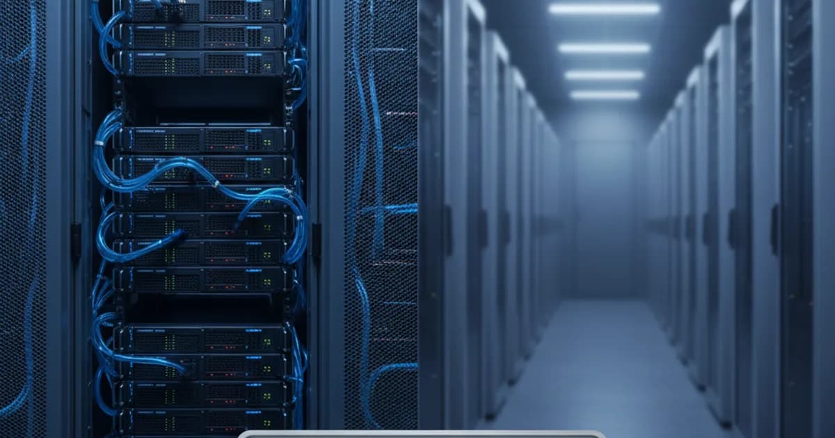 A split-view data center scene shot in cool industrial lighting: on the left, dense server racks with visible liquid cooling tubes running along the chassis