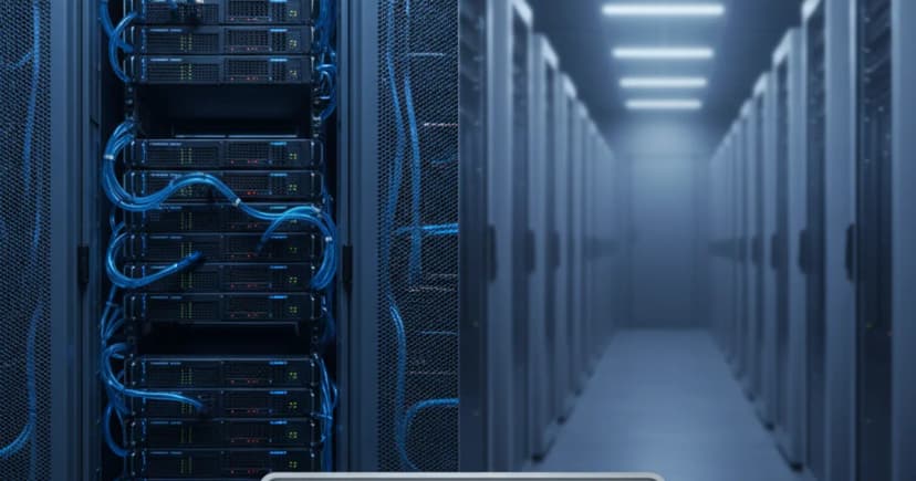 A split-view data center scene shot in cool industrial lighting: on the left, dense server racks with visible liquid cooling tubes running along the chassis