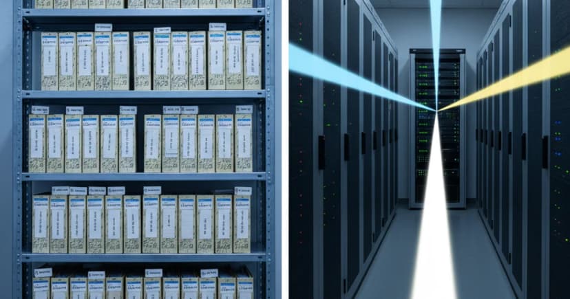 A split-panel visualization rendered as clean editorial photography: on the left, a dense rack of physical file folders labeled with alphanumeric codes and