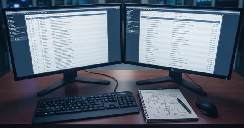 A clean, overhead editorial photograph of a server room operations desk with two monitors displaying search result ranked lists side by side, one showing raw