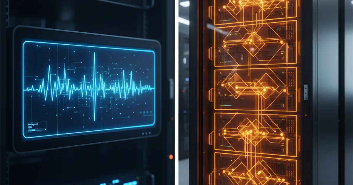 A split-screen technical scene inside a modern data center: on the left side, a waveform of a live phone call streams across a glowing monitor in cool blue