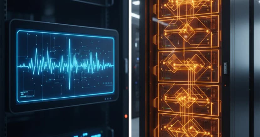 A split-screen technical scene inside a modern data center: on the left side, a waveform of a live phone call streams across a glowing monitor in cool blue
