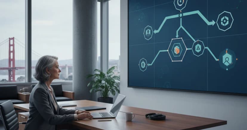 A clean editorial photograph of a senior operations executive sitting at a large desk in a modern San Francisco office, reviewing a multi-node workflow diagram