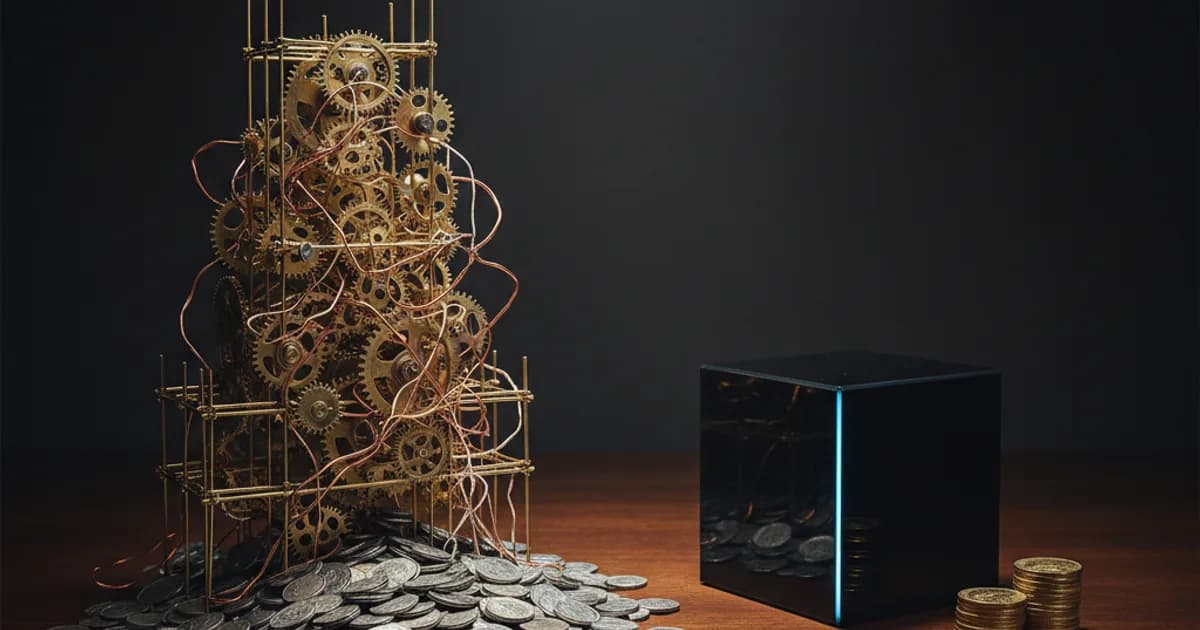 An editorial photograph of two contrasting scale models side-by-side on a dark, polished wood table. On the left, a chaotic, unfinished tower of exposed brass