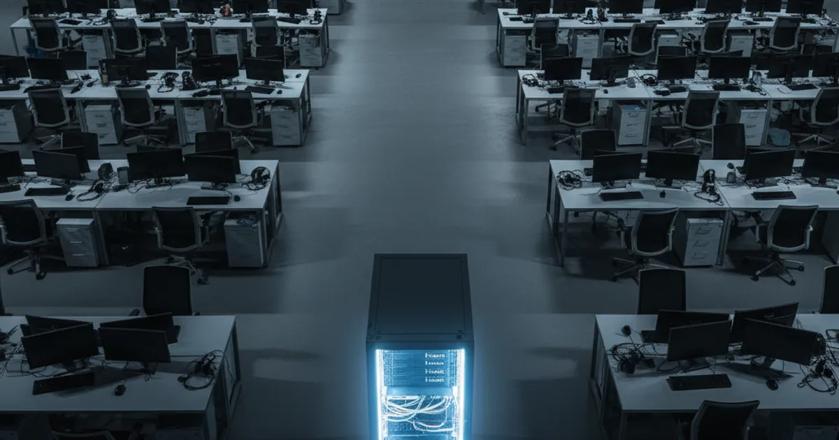An overhead editorial photograph of a large, modern contact center floor at night, mostly empty seats with headsets resting on desks, while a single