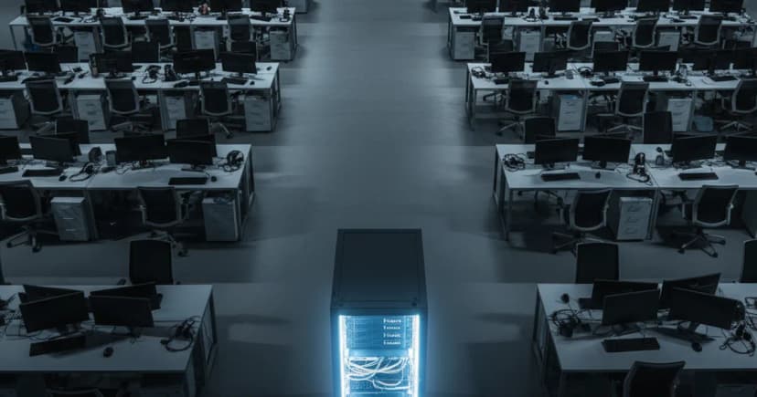 An overhead editorial photograph of a large, modern contact center floor at night, mostly empty seats with headsets resting on desks, while a single