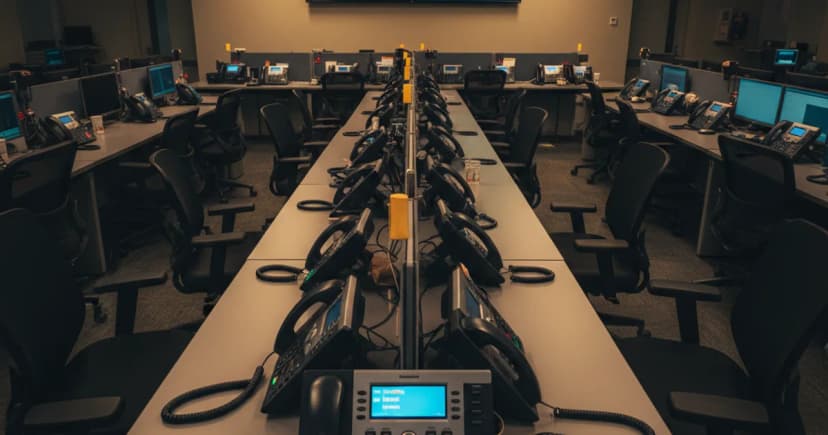 An overhead shot of a busy call center desk with multiple phone lines showing blinking hold lights and an unanswered ringing phone in the foreground, while a