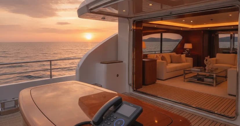 A polished superyacht deck at golden-hour dusk, a sleek satellite phone or ship's handset resting on a teak console in the foreground, with a softly lit