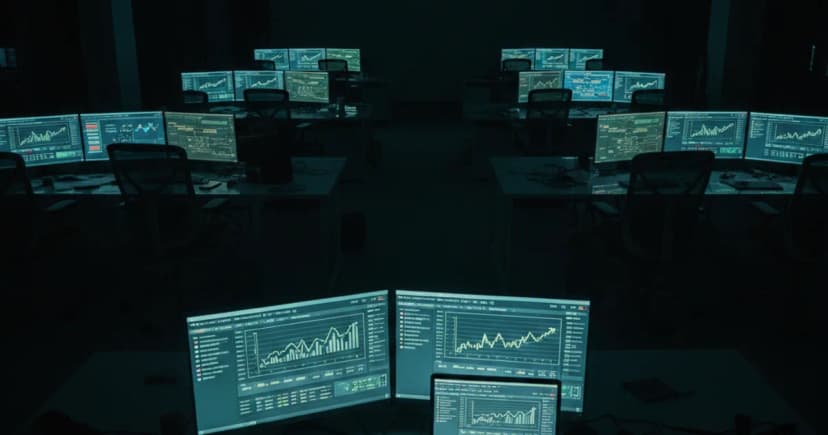 A wide-angle editorial photograph of a corporate engineering war room at night, illuminated by multiple monitor screens showing server dashboards and cost