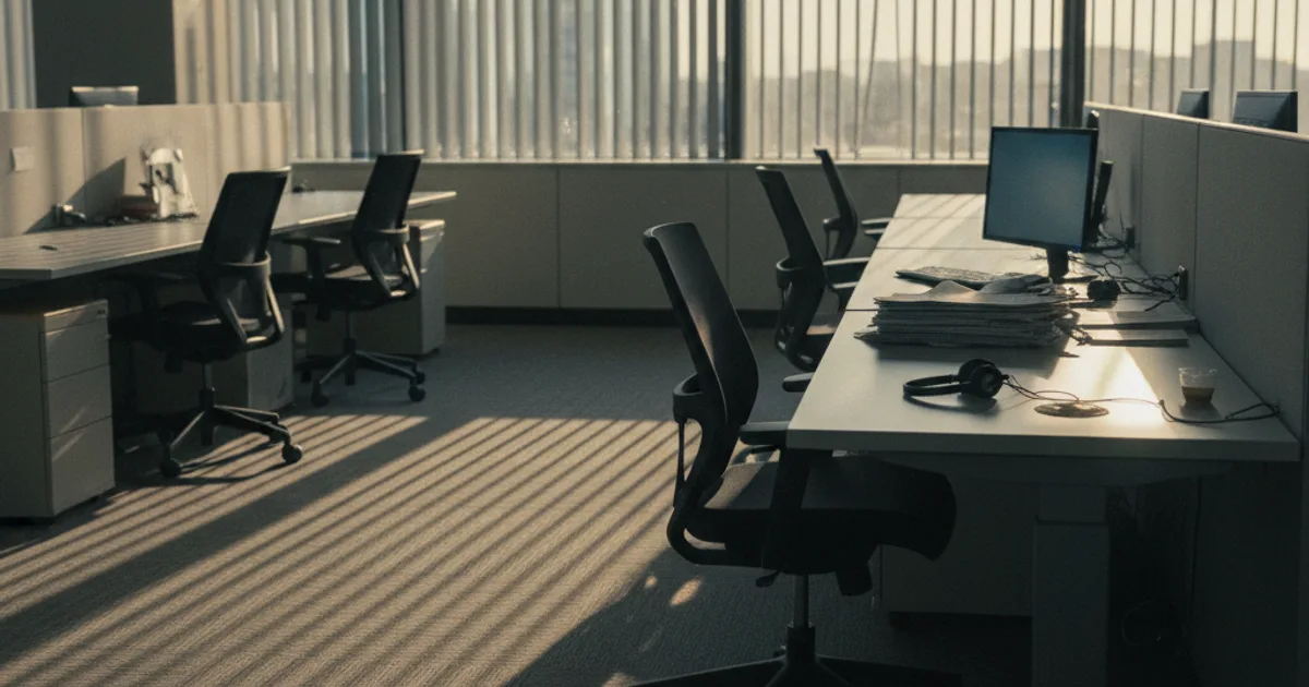 A modern call center floor at dusk, most agent desks empty and chairs pushed in, while one workstation near a window still has a headset resting on a stack of