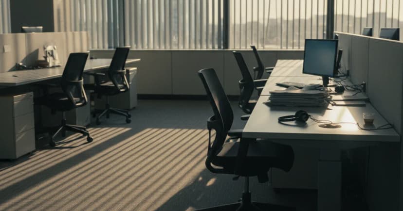 A modern call center floor at dusk, most agent desks empty and chairs pushed in, while one workstation near a window still has a headset resting on a stack of