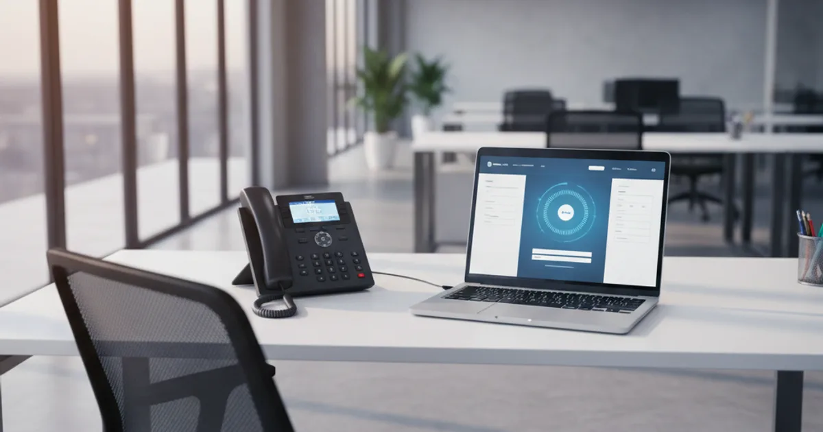 A close-up of a desktop phone and a laptop screen displaying an unanswered lead notification form, sitting on an empty sales desk in a modern open-plan office