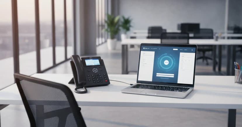 A close-up of a desktop phone and a laptop screen displaying an unanswered lead notification form, sitting on an empty sales desk in a modern open-plan office