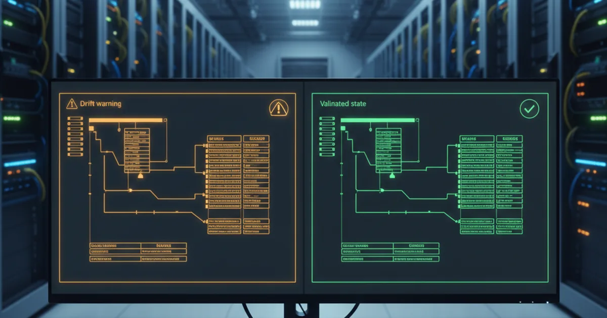 A data center server room with a split-screen monitor in the foreground showing two database schema diagrams side by side, one highlighted in amber indicating