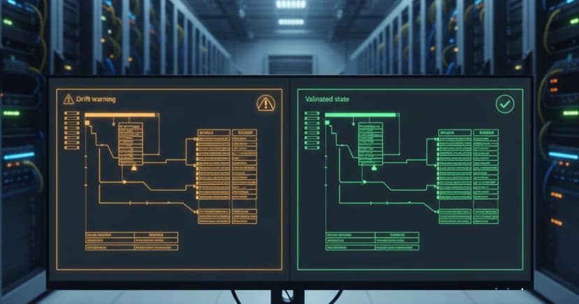 A data center server room with a split-screen monitor in the foreground showing two database schema diagrams side by side, one highlighted in amber indicating