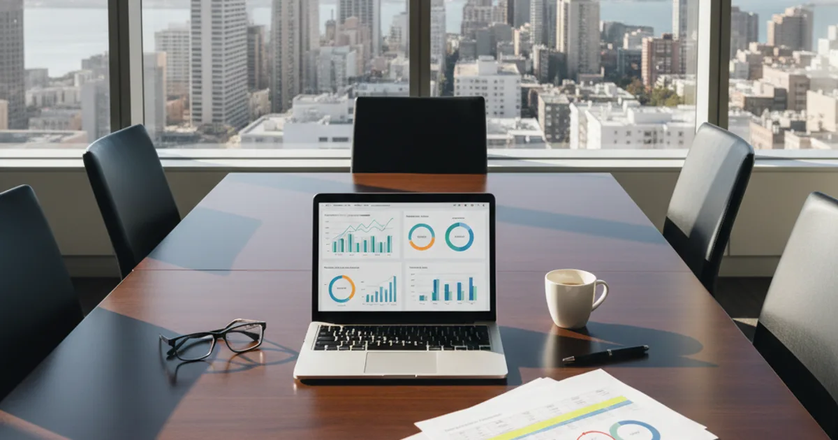 A clean overhead shot of a modern enterprise conference room table with a laptop open showing a dashboard of usage graphs and metrics, alongside printed report