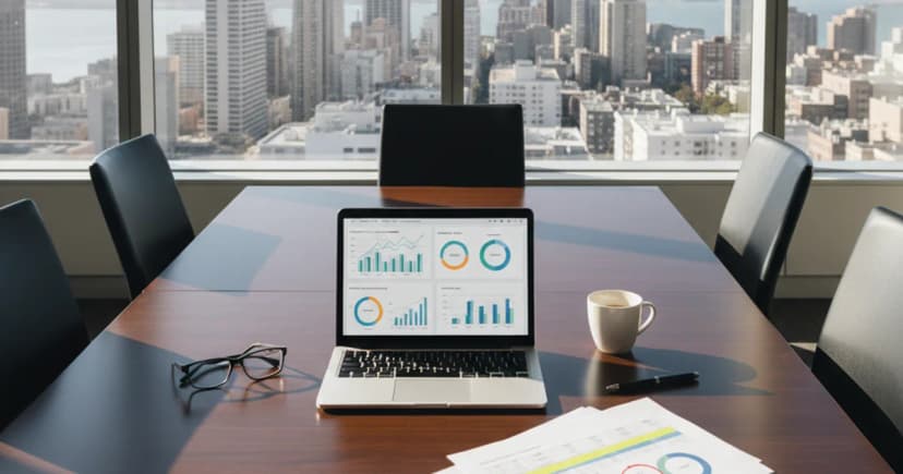 A clean overhead shot of a modern enterprise conference room table with a laptop open showing a dashboard of usage graphs and metrics, alongside printed report