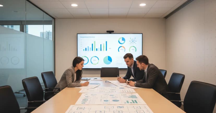 A clean, well-lit corporate conference room table with a large monitor displaying a dashboard of bar charts and percentage metrics