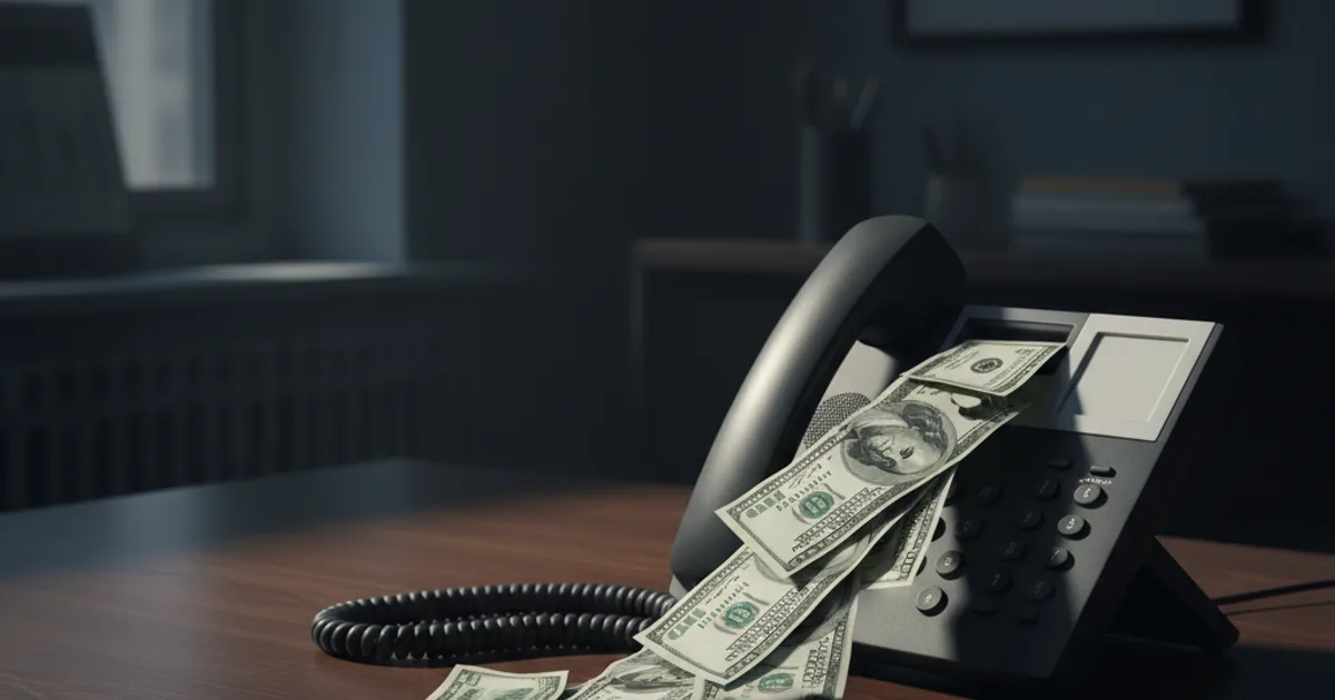 A clean editorial photograph of a black office desk phone with its receiver lying off the hook, where a steady stream of crisp dollar bills is literally