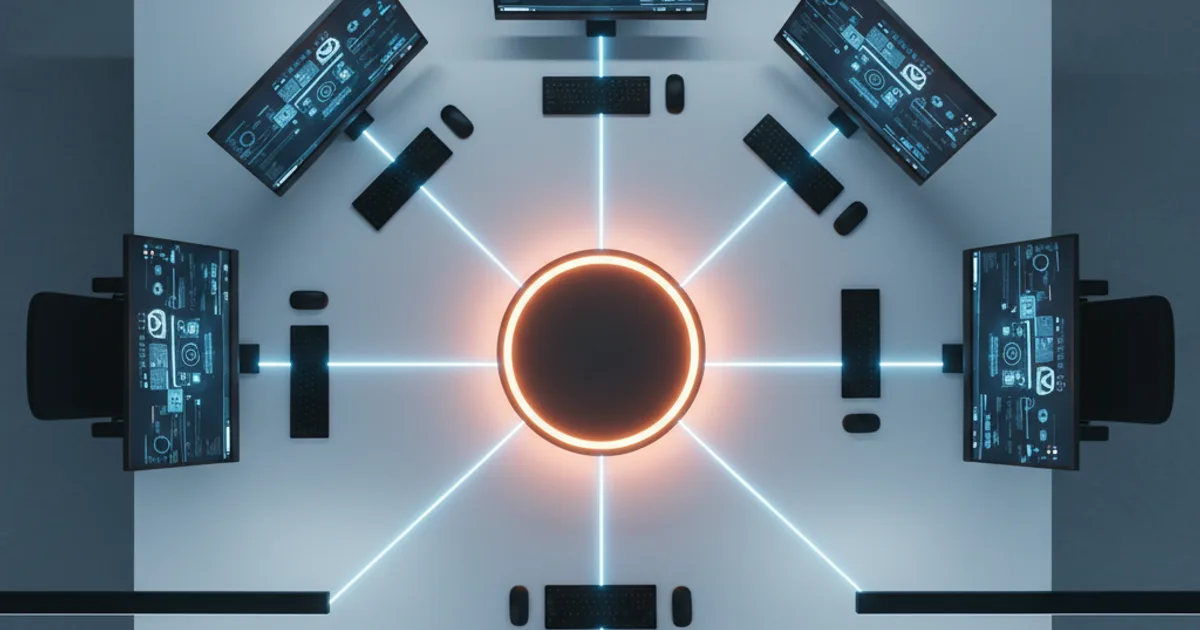 A clean top-down view of a physical operations center desk with five distinct workstations arranged in a connected network pattern, each with a dark monitor