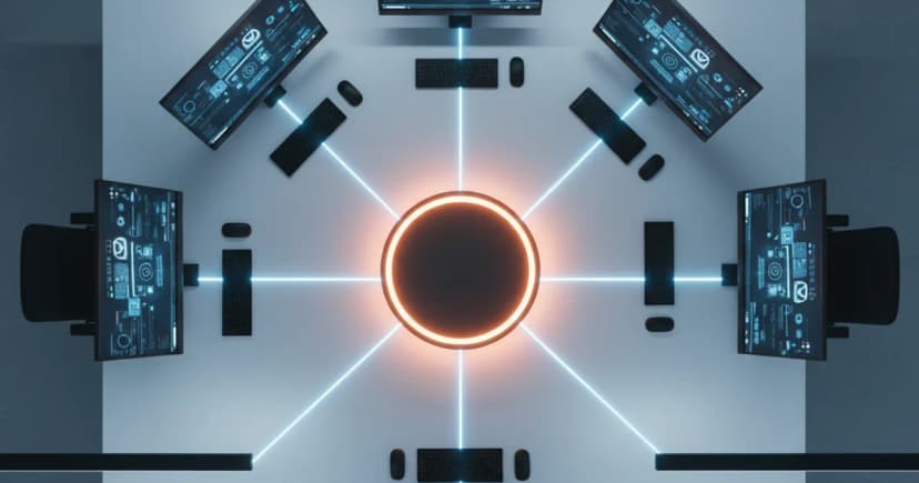 A clean top-down view of a physical operations center desk with five distinct workstations arranged in a connected network pattern, each with a dark monitor