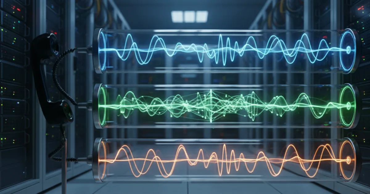 A clean cross-section diagram rendered as editorial 3D showing three parallel horizontal pipeline tubes glowing in a server room, each tube representing a
