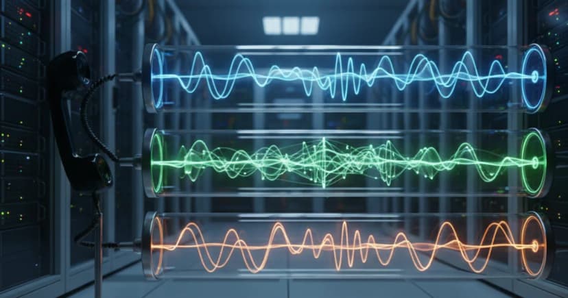 A clean cross-section diagram rendered as editorial 3D showing three parallel horizontal pipeline tubes glowing in a server room, each tube representing a