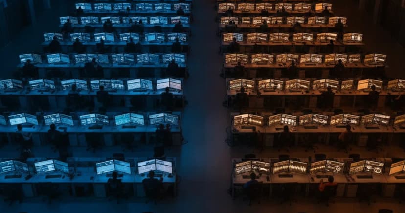 A clean editorial photograph of a large enterprise call center operations floor at night, shot from above at a slight angle