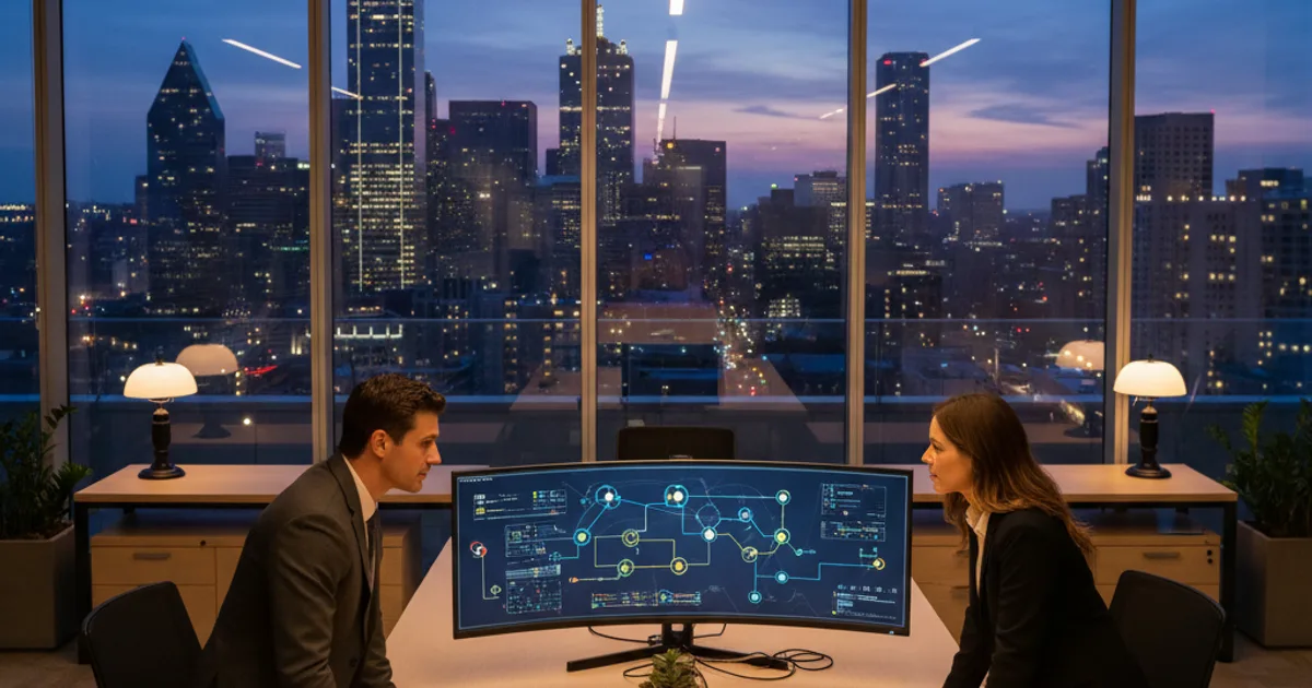 A clean editorial photograph of a modern Dallas office interior with floor-to-ceiling windows showing the downtown skyline at dusk