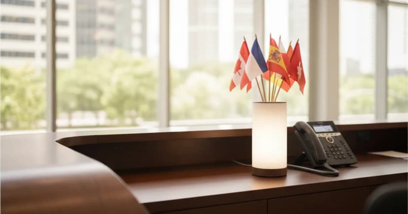 An editorial, close-up photograph of a sleek wooden reception desk in a bright, modern corporate lobby. On the desk sits a professional multi-line office
