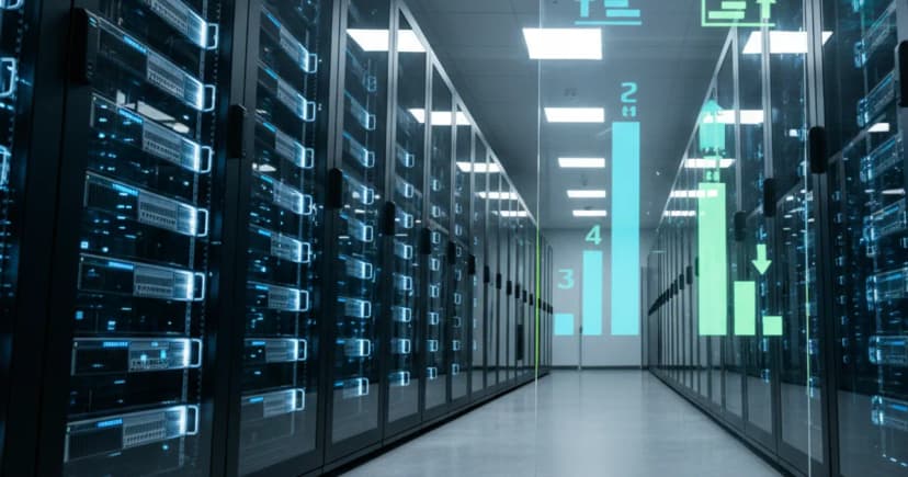 A clean, well-lit server room with rows of GPU servers on the left side and a transparent cost ledger display on the right, showing two columns of numbers