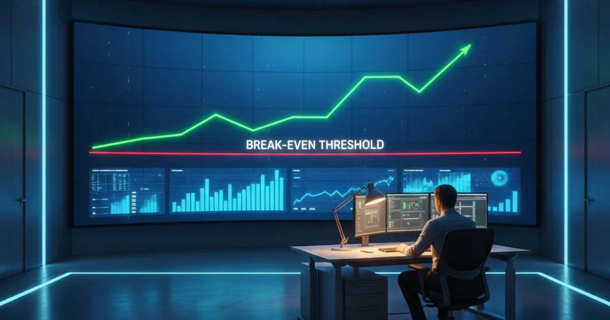A clean, well-lit corporate operations center at night with a large wall-mounted display showing a line chart that climbs steeply past a break-even threshold
