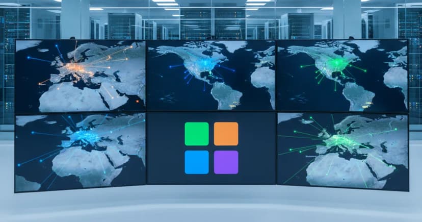 A clean editorial photograph of a large enterprise data center operations room, taken from a slightly elevated angle, showing multiple large wall-mounted