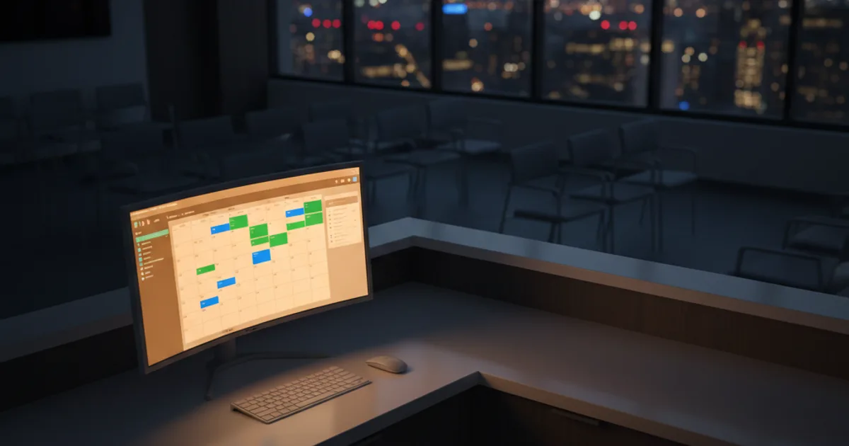A modern dental reception desk at night, lit by the warm glow of a computer monitor showing a calendar with appointment slots filling in automatically