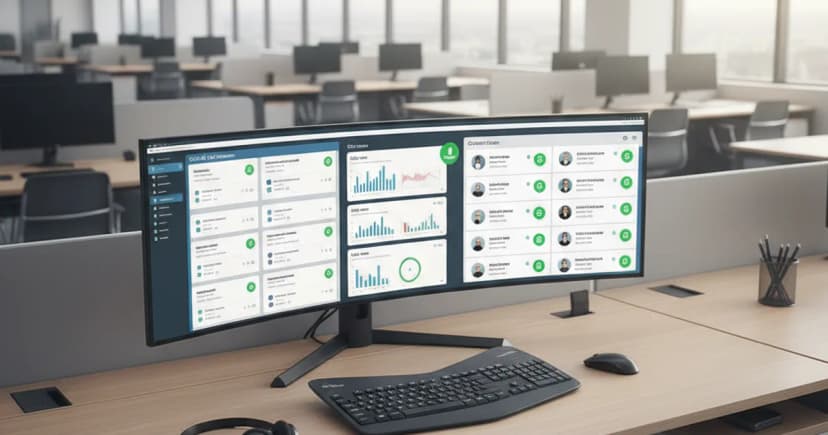 A clean office operations desk with a large monitor displaying a call queue dashboard and a CRM contact view side by side, with a visible green compliance