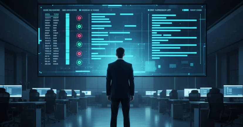 A corporate operations center at night with a large monitor displaying a structured call-log dashboard showing timestamped records, consent status indicators