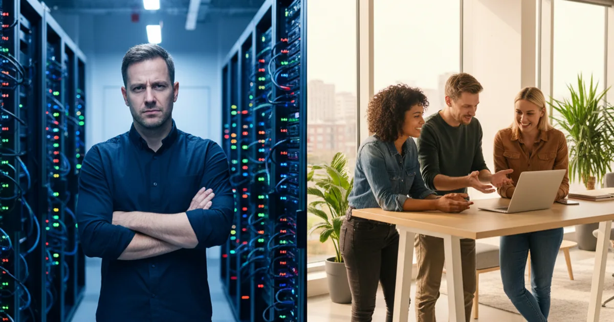 A split-panel editorial photograph set in a modern enterprise server room on the left side and a clean open-plan office workspace on the right