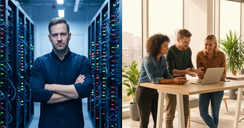 A split-panel editorial photograph set in a modern enterprise server room on the left side and a clean open-plan office workspace on the right
