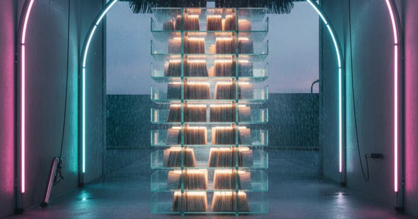 An editorial photograph of a wet, modern car wash bay at twilight, illuminated by vibrant pink and teal neon lights. Inside the wash, instead of a vehicle, a