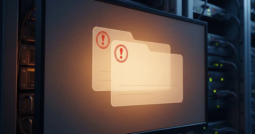A close-up, editorial-style photograph of a server rack in a dimly lit data center, with two identical lead cards or file folders physically overlapping on a