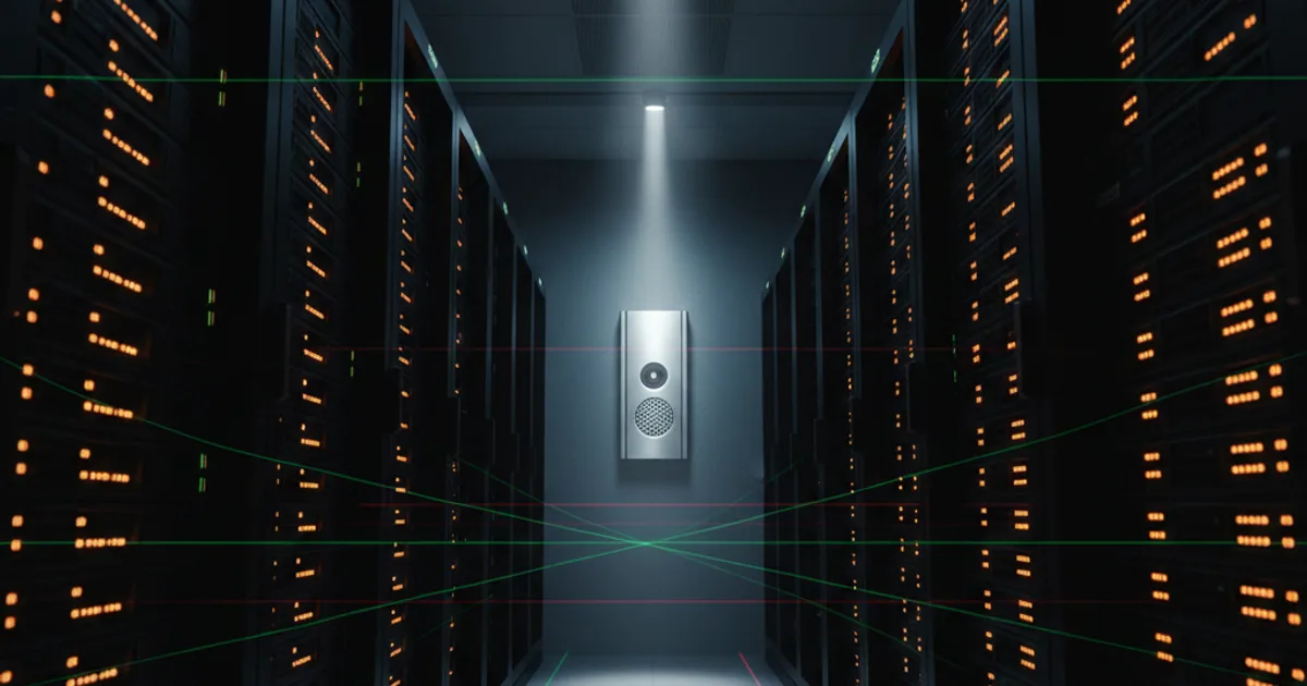 A server room inside a corporate data center, shot from a low angle looking up at dense racks of black hardware with amber indicator lights glowing in the