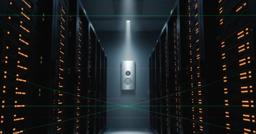 A server room inside a corporate data center, shot from a low angle looking up at dense racks of black hardware with amber indicator lights glowing in the