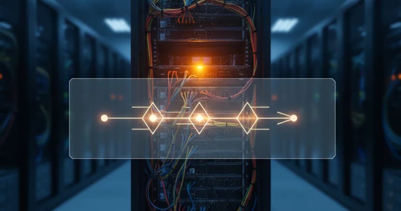 A close-up editorial photograph of a large server rack in a dim enterprise data center, with one blinking amber warning light casting an orange glow across