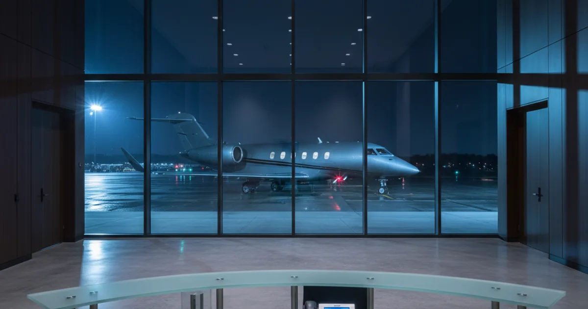 An empty private jet terminal lobby at night, shot in editorial style with cool ambient lighting from the tarmac windows