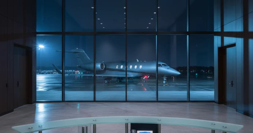 An empty private jet terminal lobby at night, shot in editorial style with cool ambient lighting from the tarmac windows