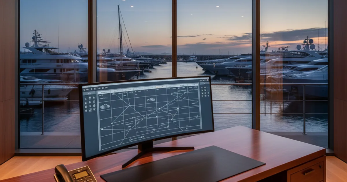 A sleek charter operations desk at dusk, bathed in warm amber light from large floor-to-ceiling windows overlooking a marina with superyachts moored in the