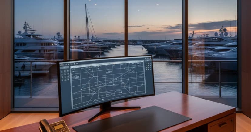 A sleek charter operations desk at dusk, bathed in warm amber light from large floor-to-ceiling windows overlooking a marina with superyachts moored in the