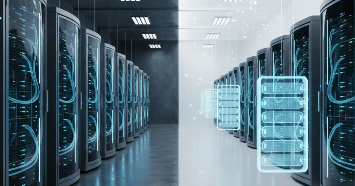 A clean 3D-rendered data center floor split down the center: the left half shows a densely packed row of tall GPU server racks glowing with cool blue liquid-cooling tubes and indicator lights, representing private cloud infrastructure; the right half shows floating translucent server rack icons connected by thin lines rising into a soft white ceiling, representing public cloud. Overhead industrial lighting casts sharp shadows. The scene is dramatic and architectural, with no text, no logos, and no human figures.