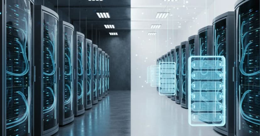 A clean 3D-rendered data center floor split down the center: the left half shows a densely packed row of tall GPU server racks glowing with cool blue